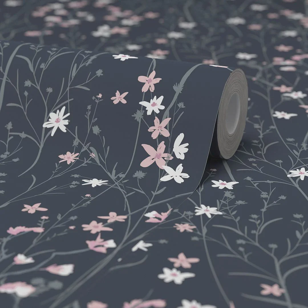 Summer Meadow Wallpaper in Navy and Pink - Image 4