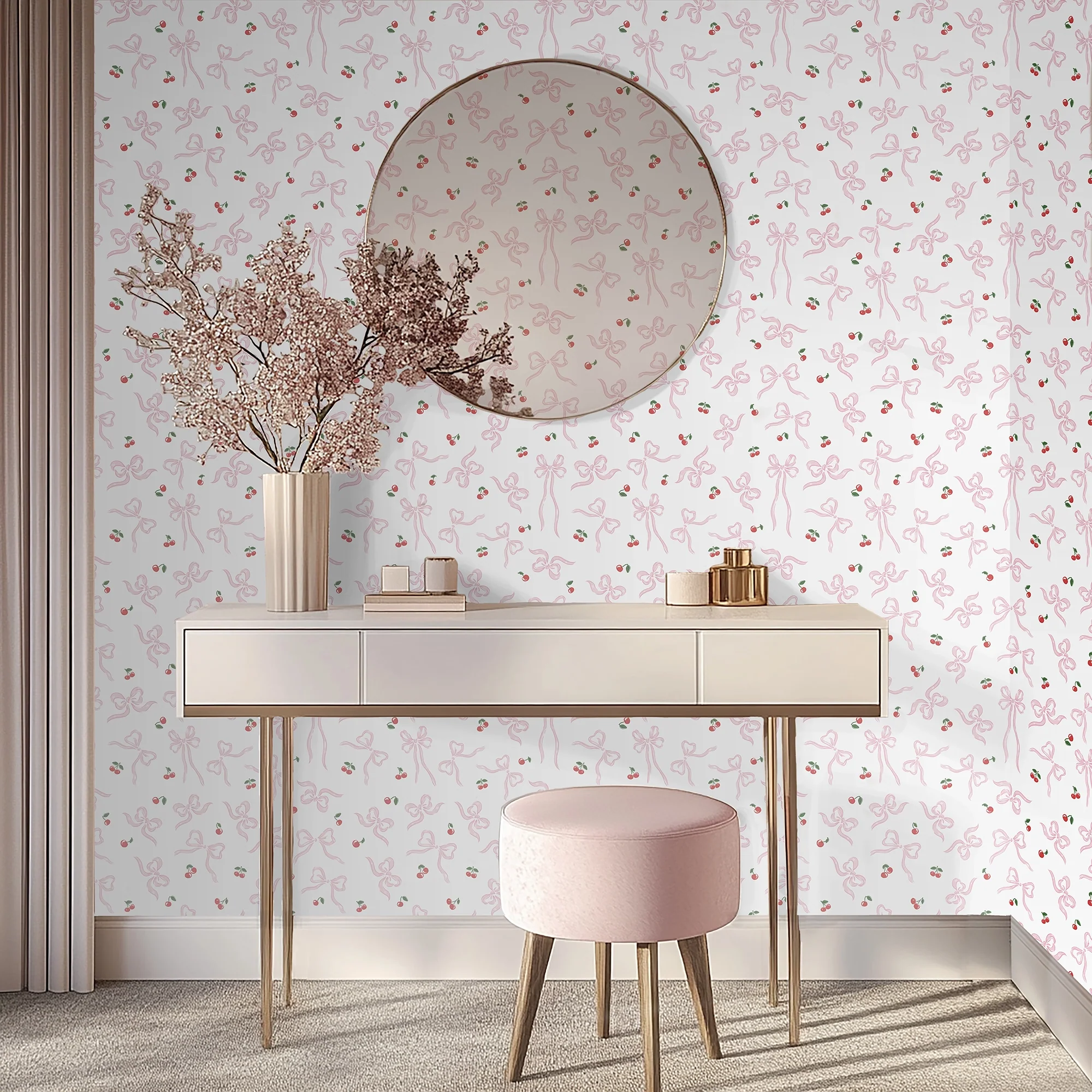 Sweet Cherry Bows Wallpaper in Pink & Red - Image 2