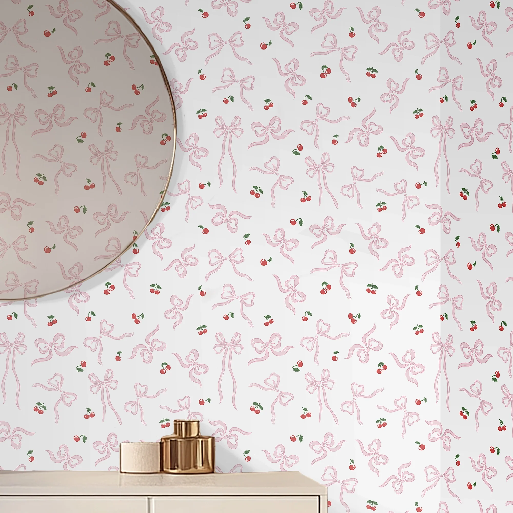 Sweet Cherry Bows Wallpaper in Pink & Red - Image 3