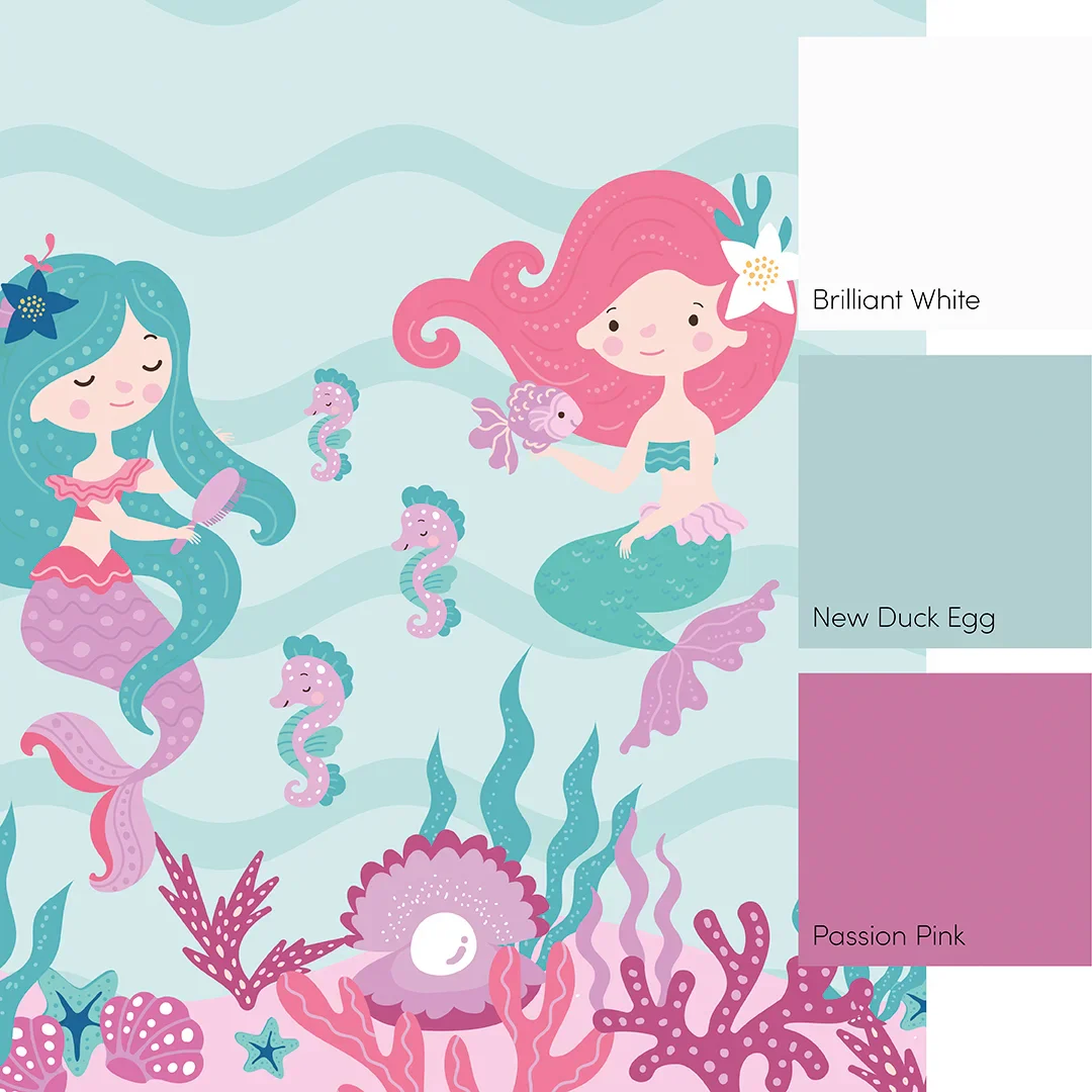 The Magical Mermaids Full Wall Mural in Pink and Teal - Image 3