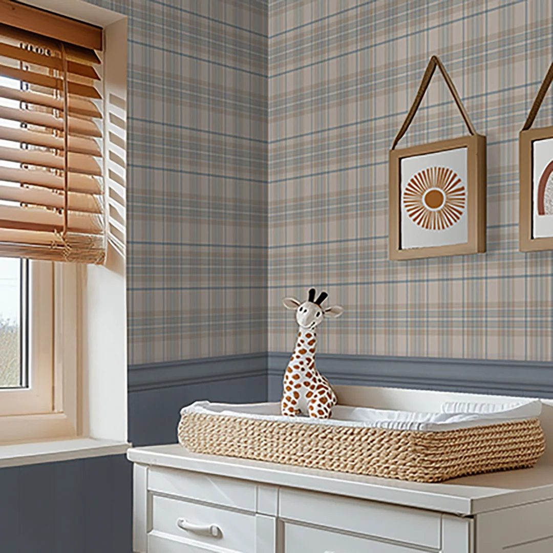 Traditional Check Panel Wallpaper in Cream and Blue with Blue Panel - Image 2