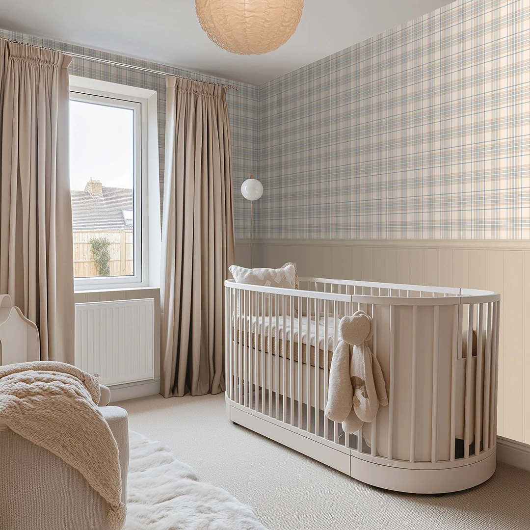 Traditional Check Panel Wallpaper in Cream and Blue with Cream Panel