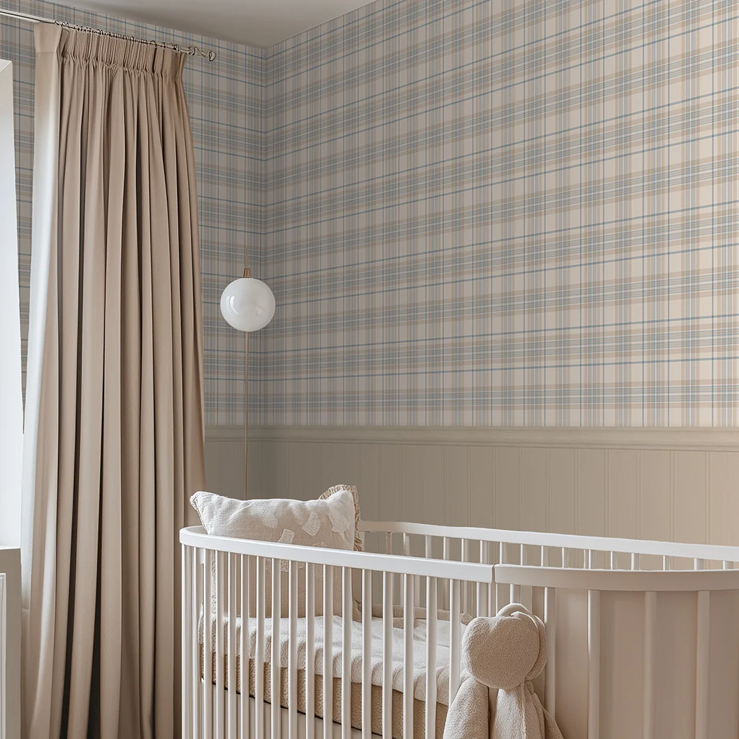 Traditional Check Panel Wallpaper in Cream and Blue with Cream Panel - Image 2