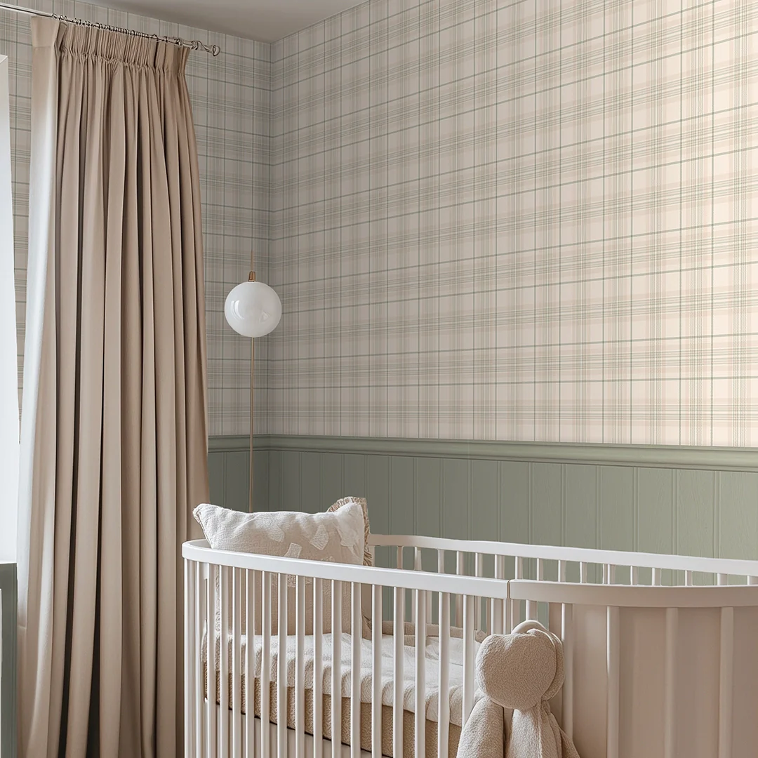 Traditional Check Panel Wallpaper in Cream and Sage with Sage Panel - Image 2
