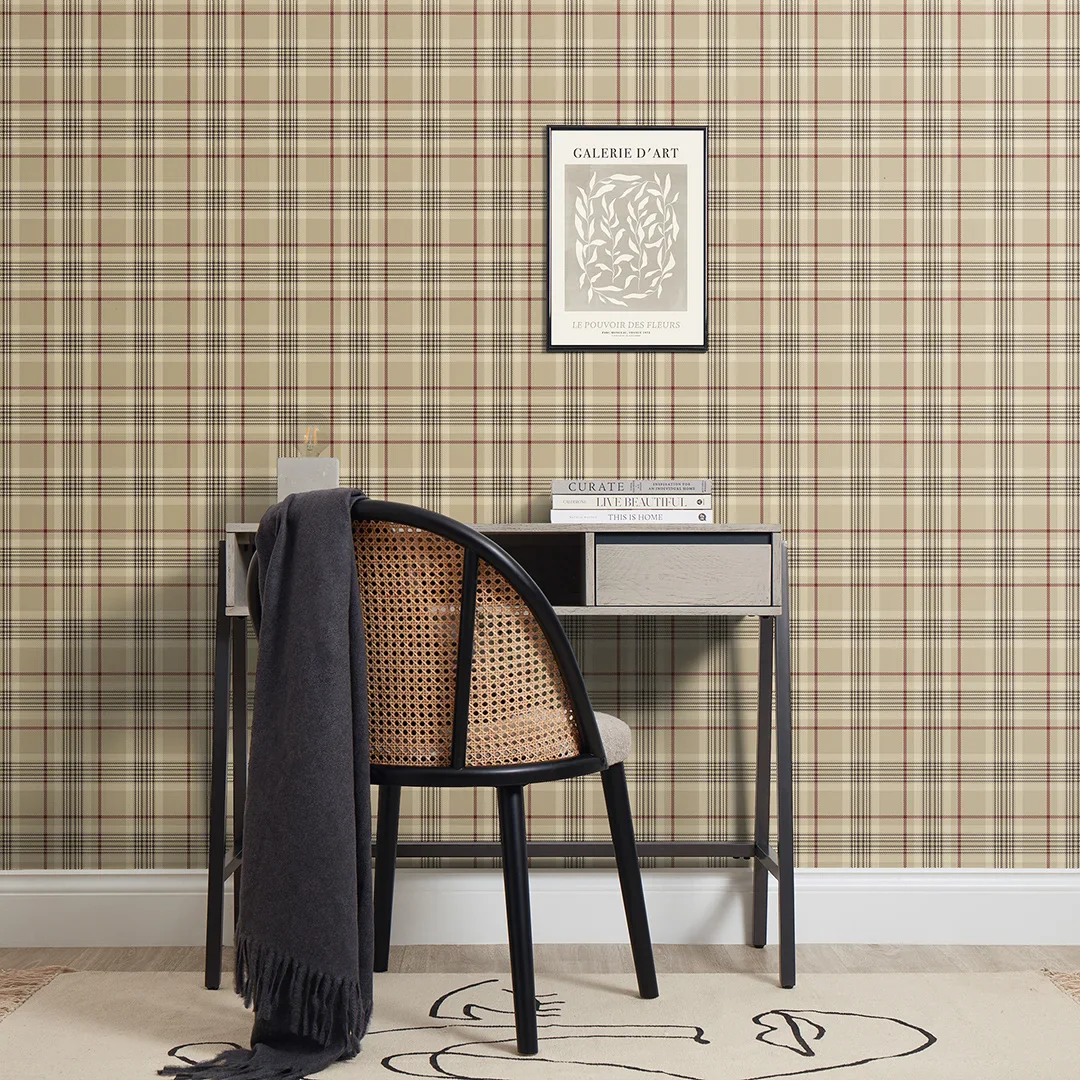 Traditional Check Wallpaper in Beige and Red - Image 2