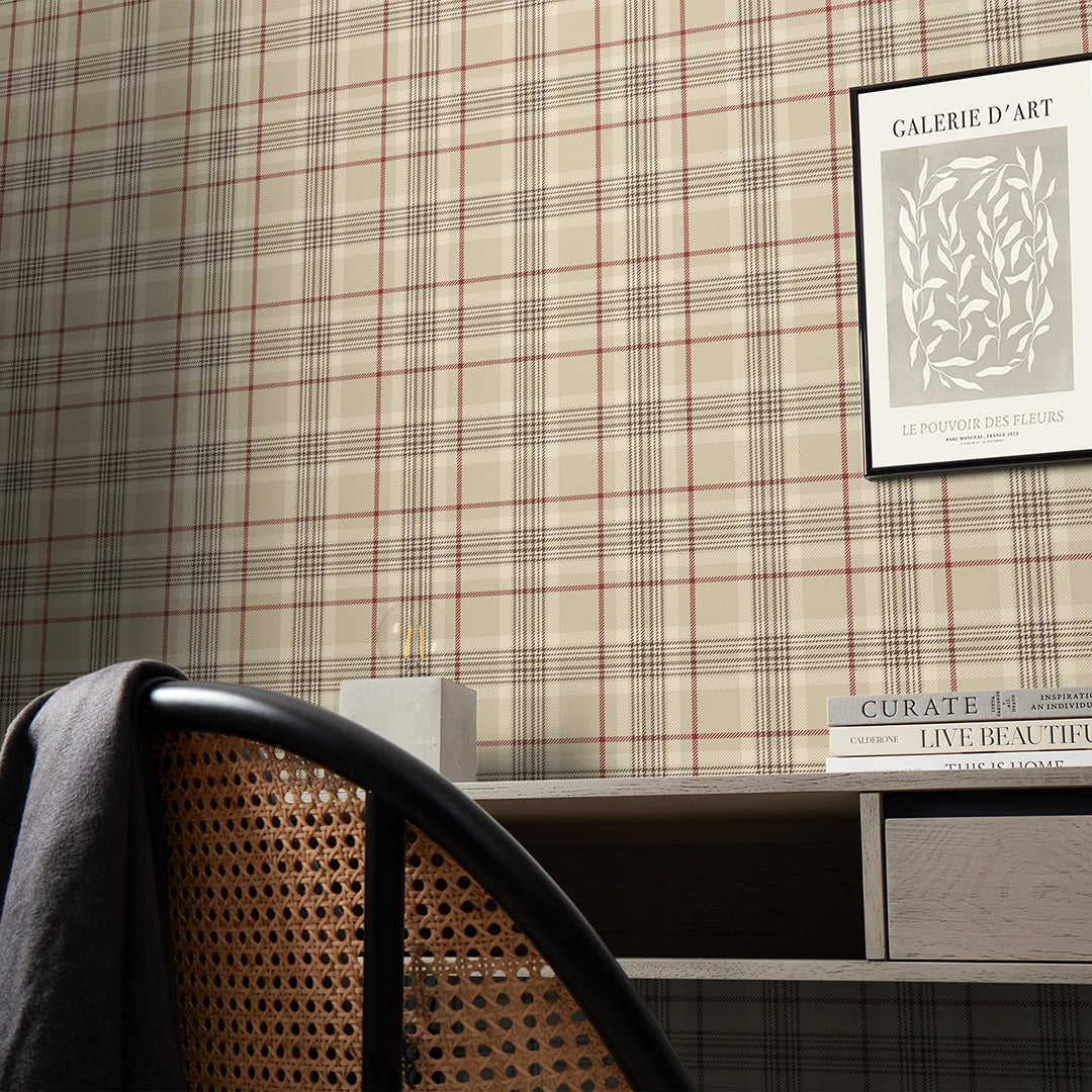 Traditional Check Wallpaper in Beige and Red - Image 3