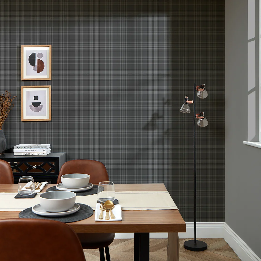 Traditional Check Wallpaper in Charcoal - Image 2