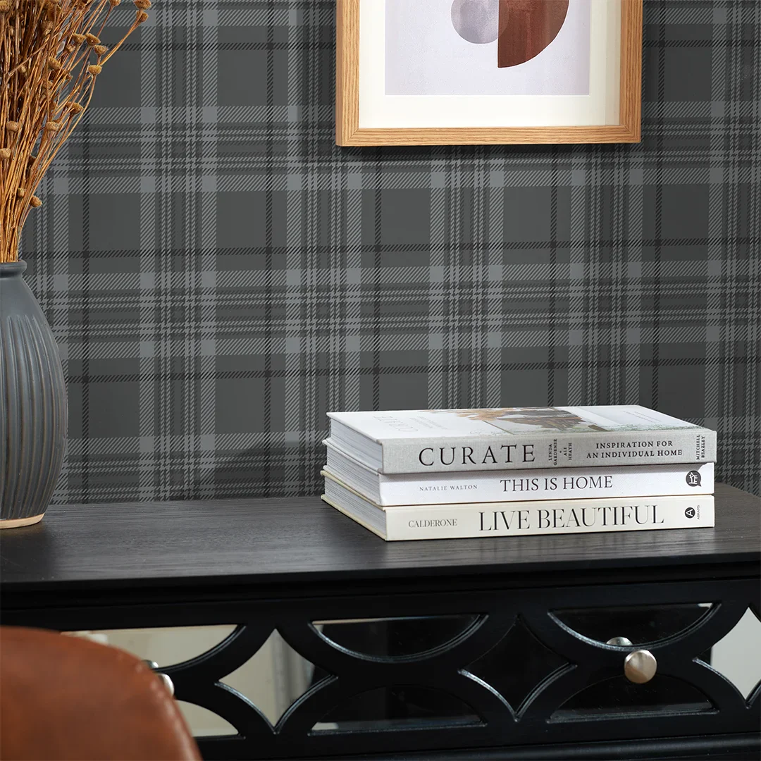 Traditional Check Wallpaper in Charcoal - Image 3