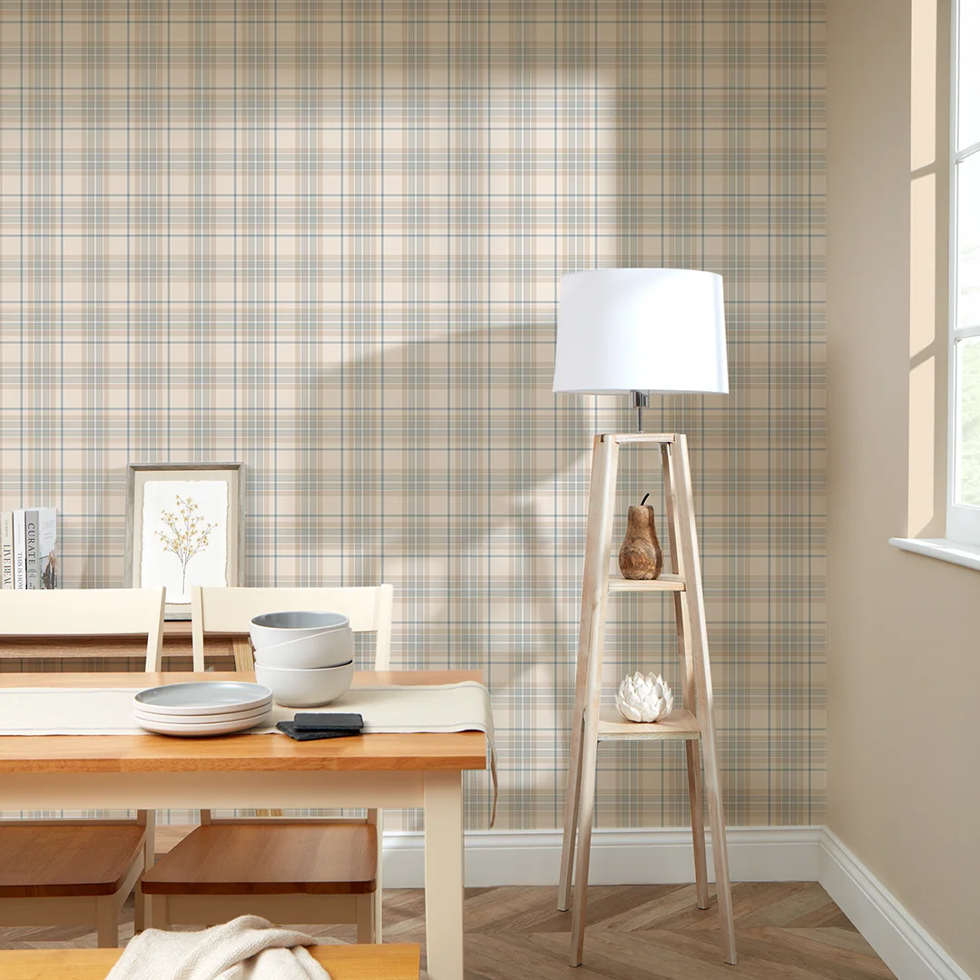 Traditional Check Wallpaper in Cream and Blue - Image 2