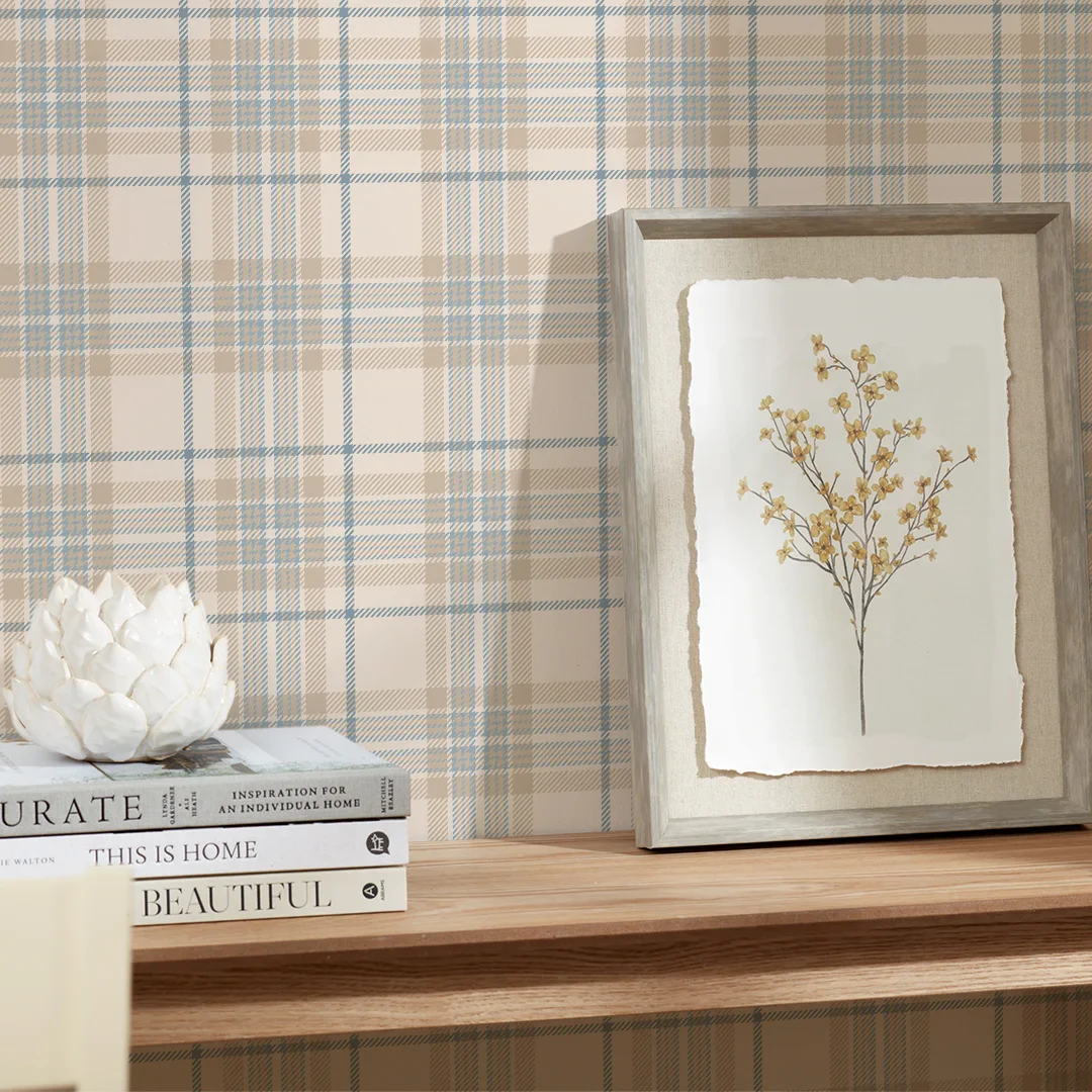 Traditional Check Wallpaper in Cream and Blue - Image 3