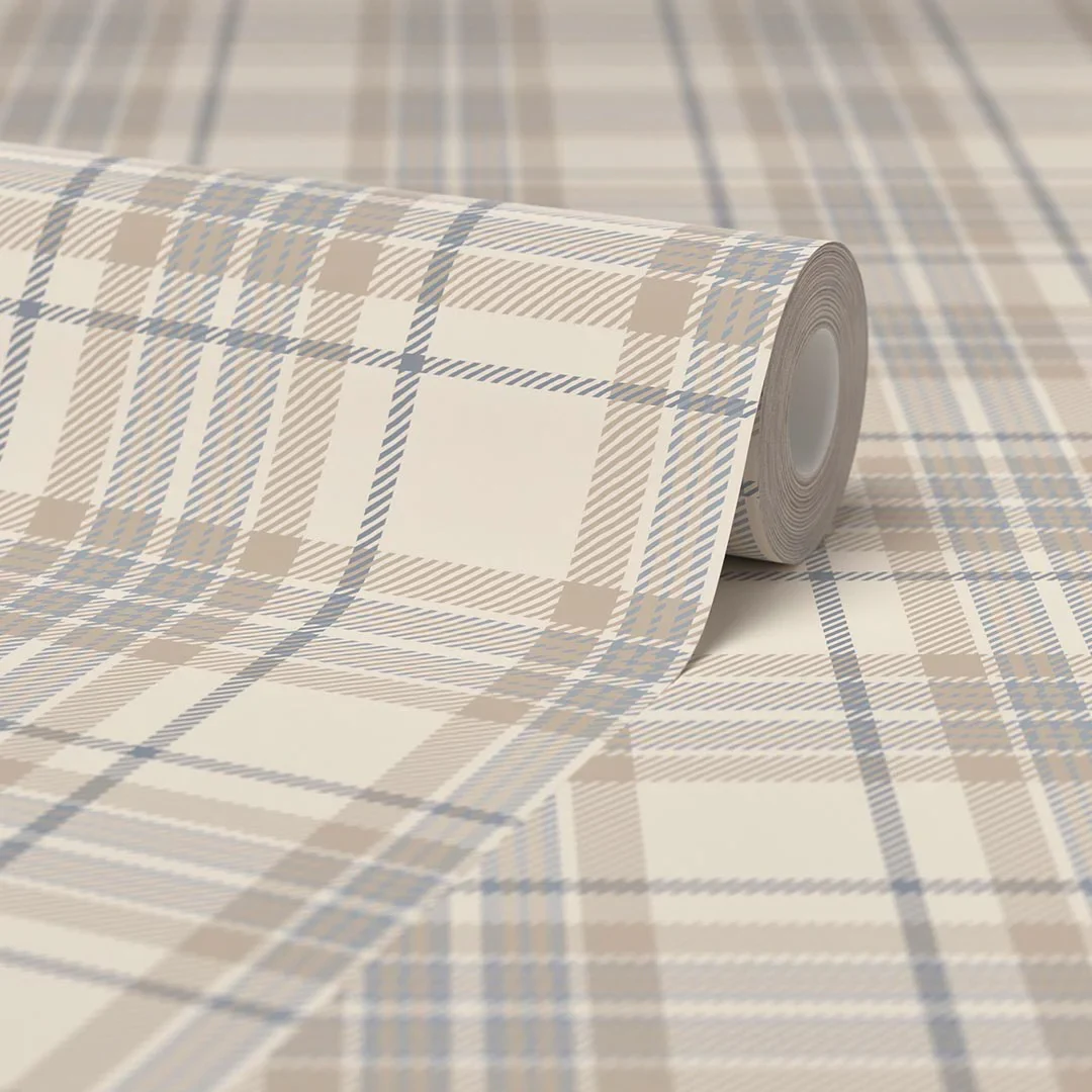 Traditional Check Wallpaper in Cream and Blue - Image 4