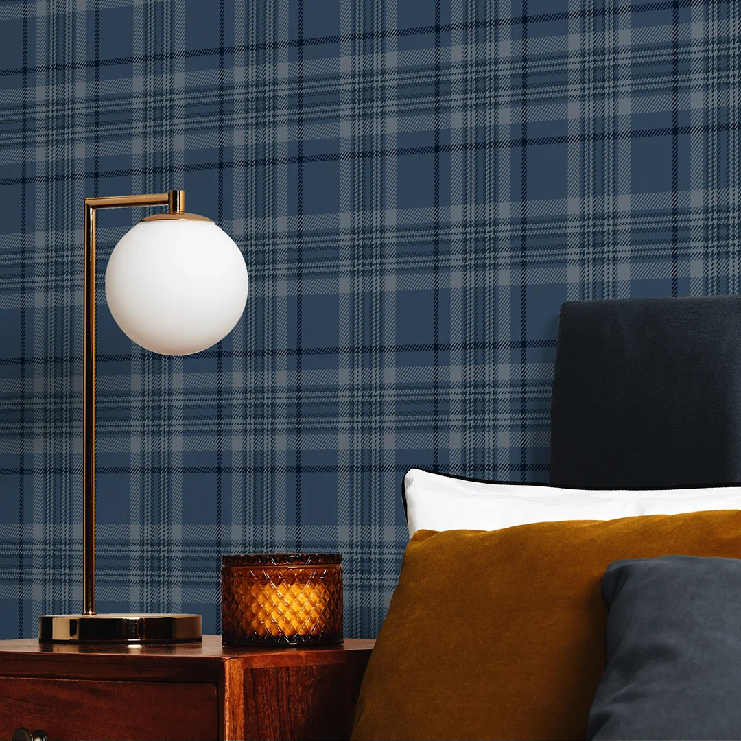 Traditional Check Wallpaper in Navy - Image 3