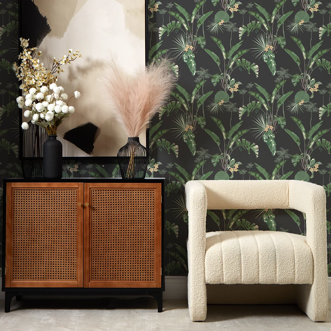 Tropical Paradise Wallpaper in Green on Charcoal - Image 2
