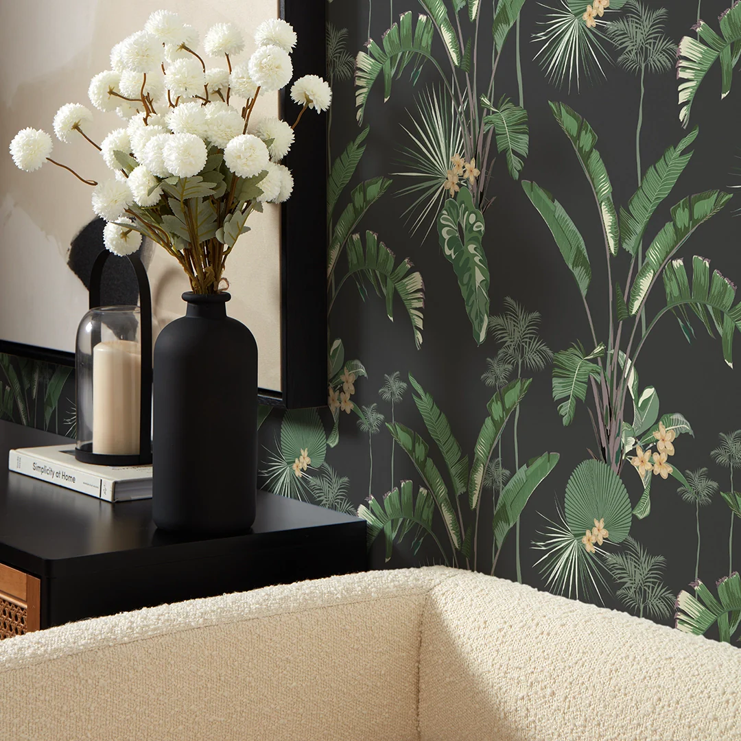 Tropical Paradise Wallpaper in Green on Charcoal - Image 3