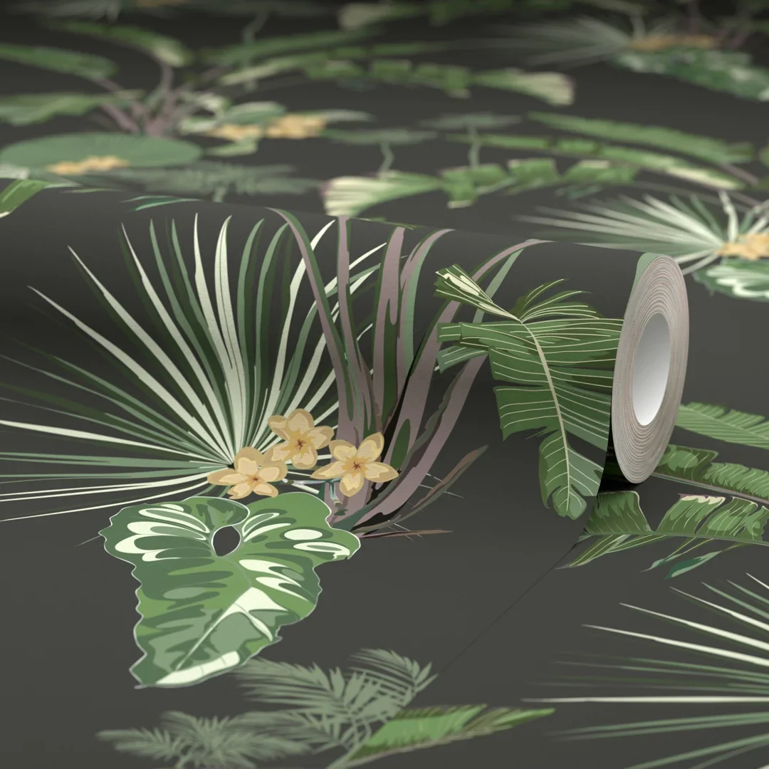 Tropical Paradise Wallpaper in Green on Charcoal - Image 4