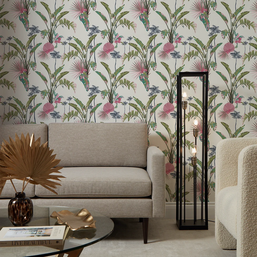 Tropical Paradise Wallpaper in Pink and Green on Cream - Image 2