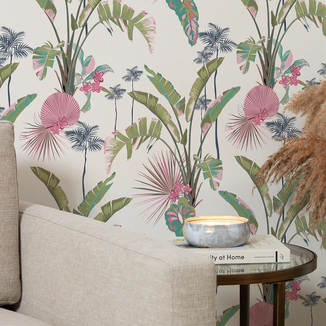 Tropical Paradise Wallpaper in Pink and Green on Cream - Image 3