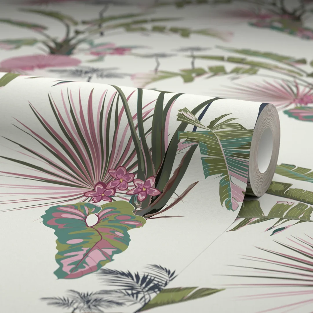 Tropical Paradise Wallpaper in Pink and Green on Cream - Image 4