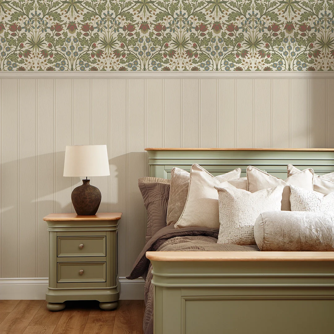 Tulip Trellis Panel Wallpaper in Sage Green on Cream with Cream Panel - Image 3