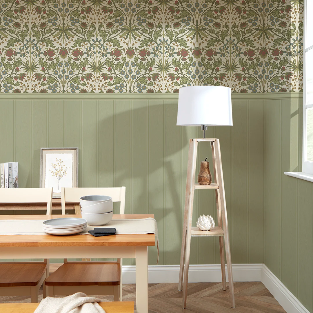 Tulip Trellis Panel Wallpaper in Sage Green on Cream with Sage Green Panel - Image 3
