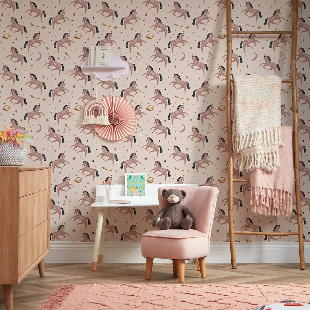 Twinkle, Twinkle Unicorn Wallpaper in Dusky Pink and Navy - Image 2