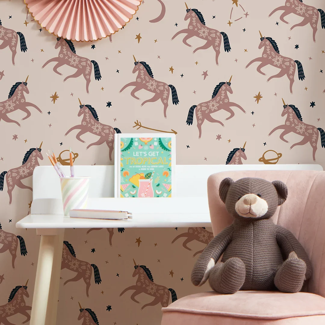 Twinkle, Twinkle Unicorn Wallpaper in Dusky Pink and Navy - Image 3