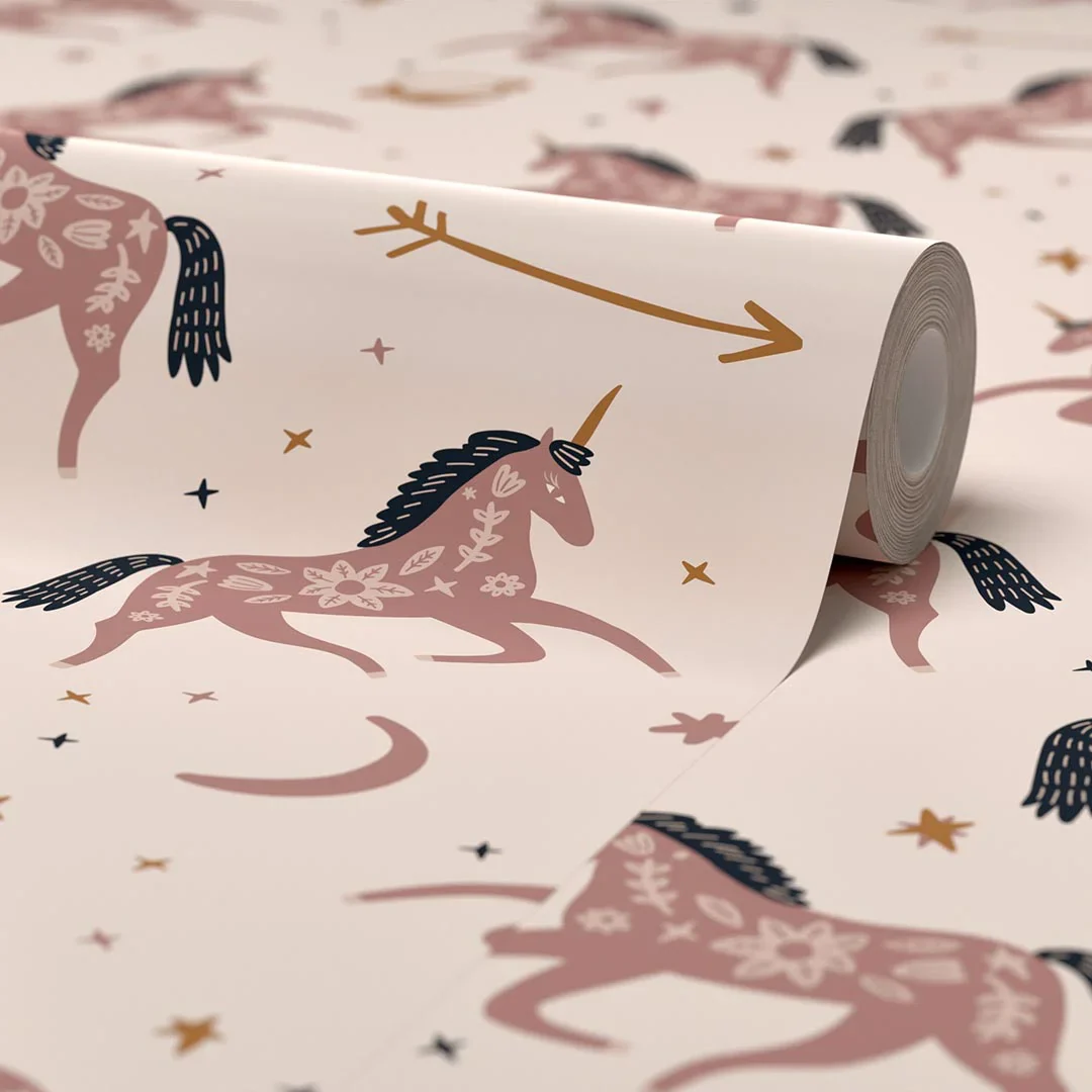 Twinkle, Twinkle Unicorn Wallpaper in Dusky Pink and Navy - Image 4