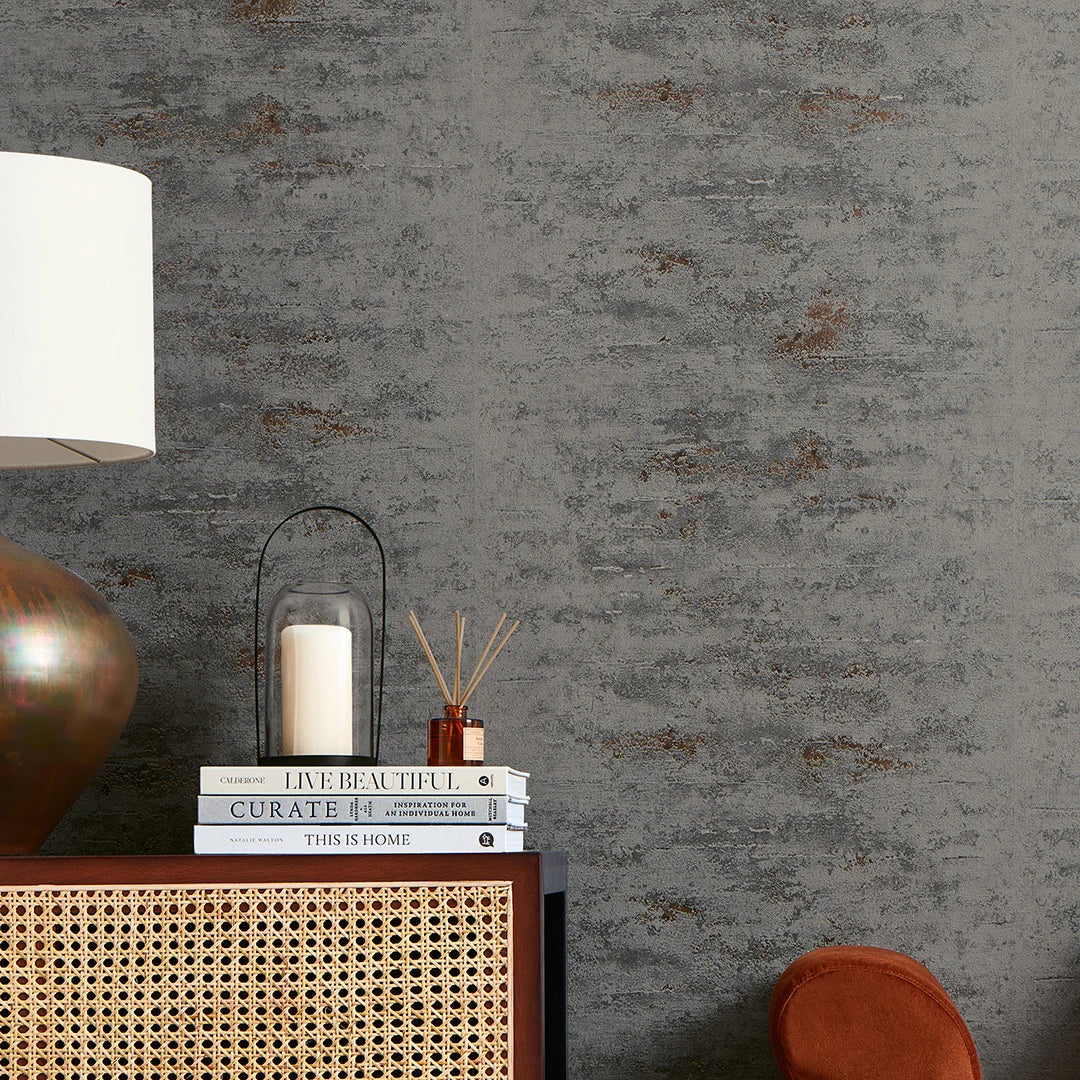 Venice Industrial Metallic Wallpaper in Charcoal and Copper - Image 3