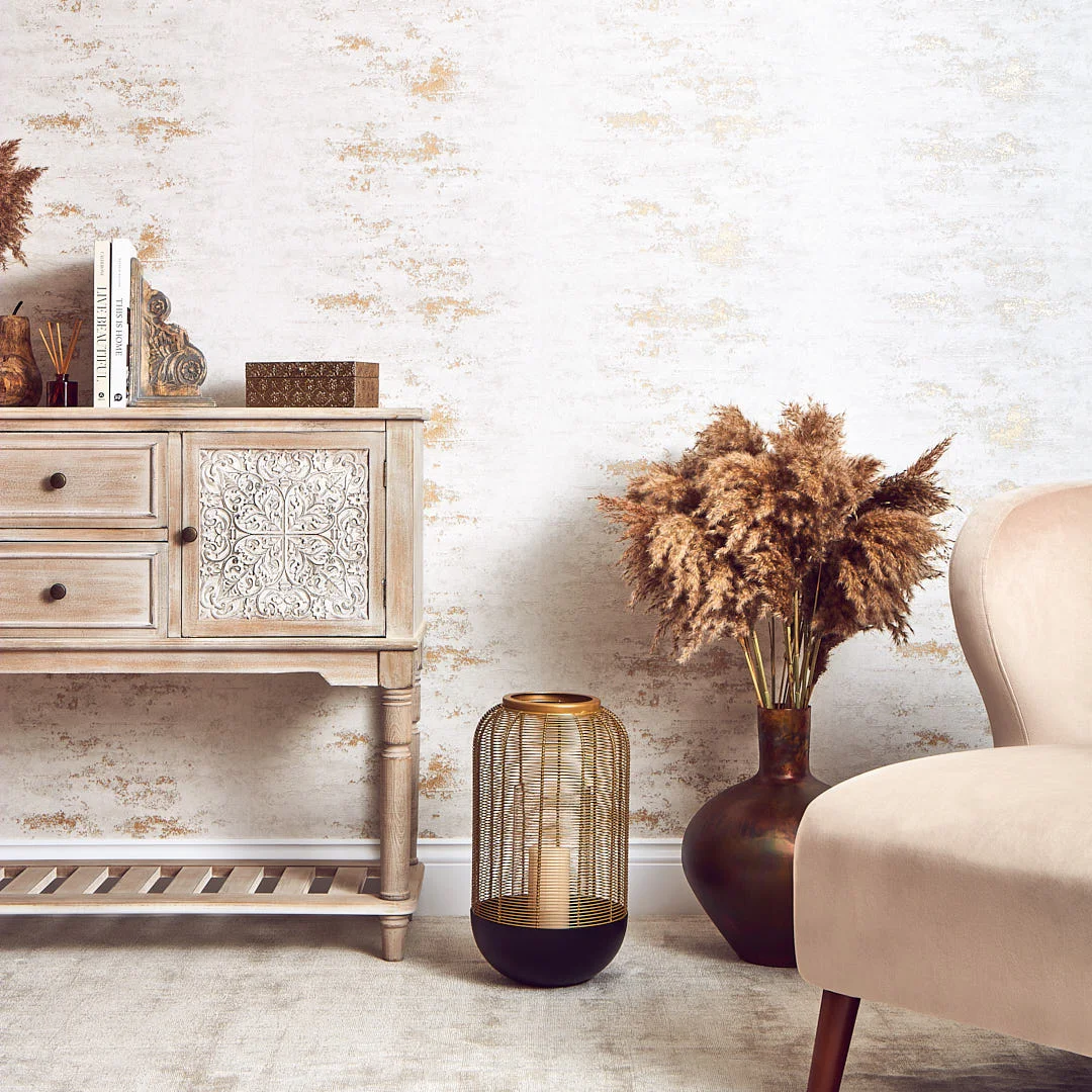 Venice Industrial Metallic Wallpaper in Ivory and Gold - Image 2