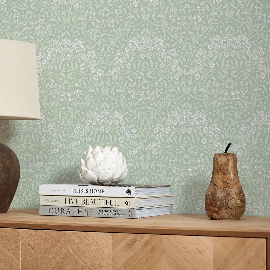 Vintage Daisy Wallpaper in Sage and White - Image 3