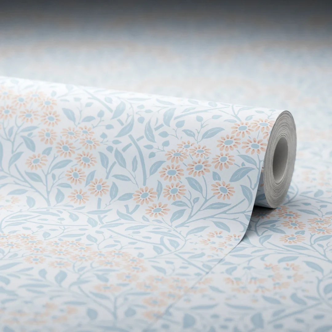 Vintage Daisy Wallpaper in Soft Blue and Peach - Image 4