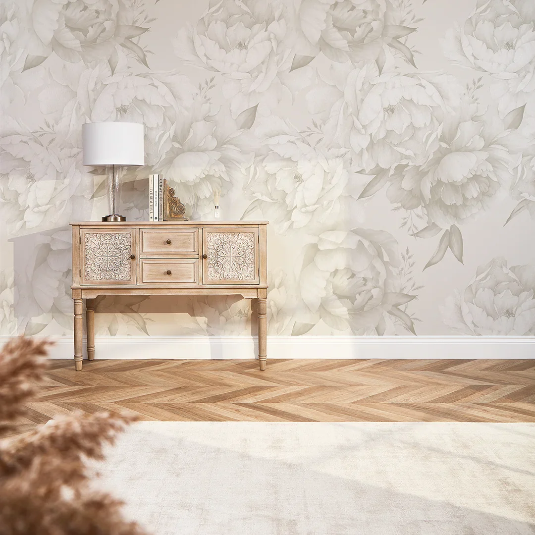 Vintage Peony Full Wall Mural in Cool Neutrals