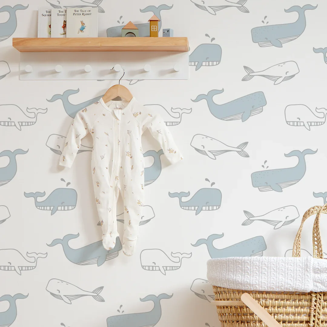Whale Hello Wallpaper Blue and Grey - Image 3