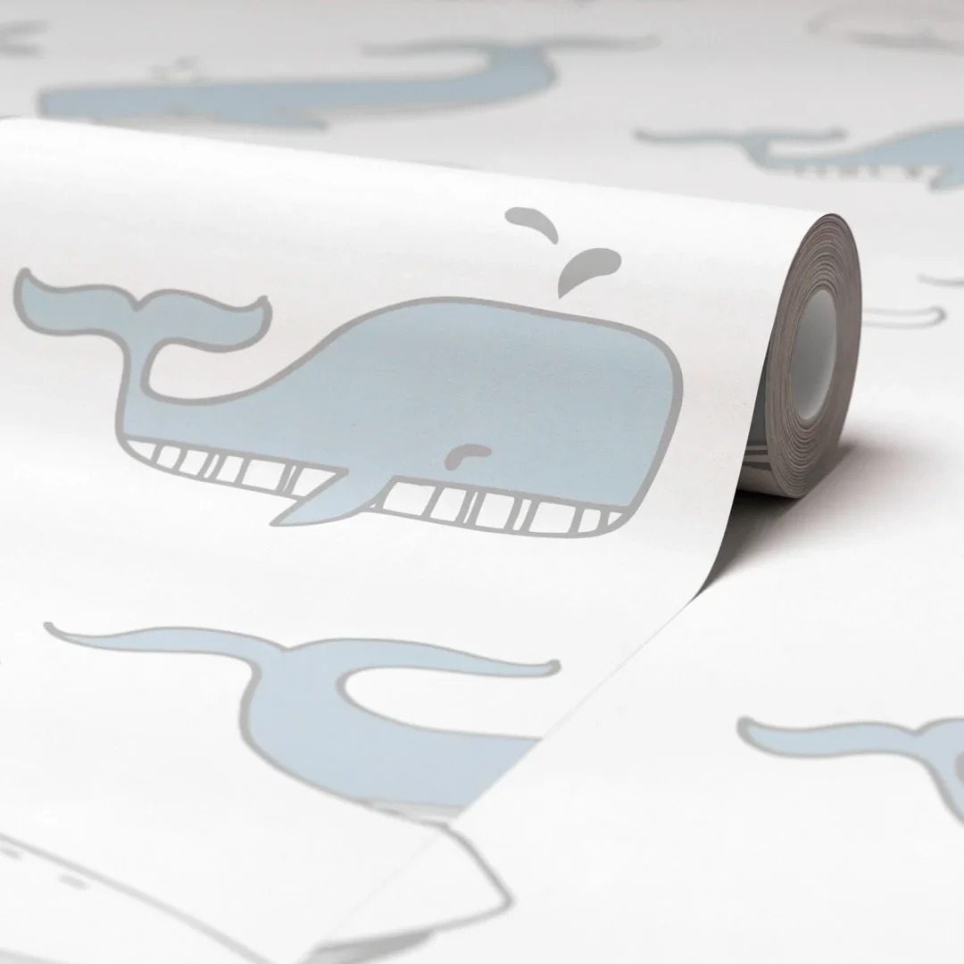 Whale Hello Wallpaper Blue and Grey - Image 4