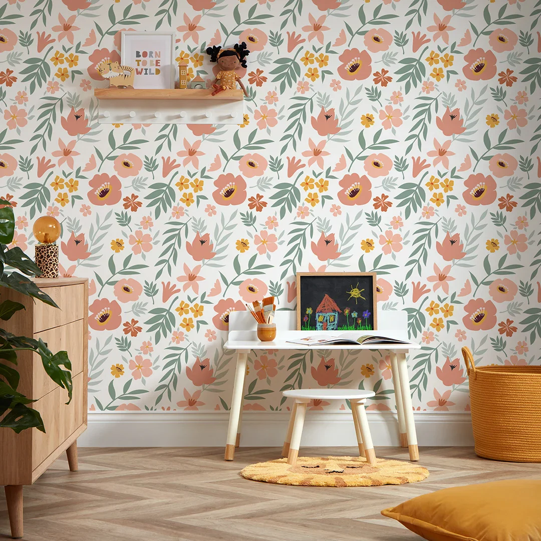 Wild Flowers Wallpaper Peach and Green - Image 2