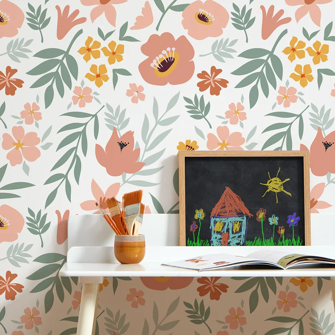 Wild Flowers Wallpaper Peach and Green - Image 3
