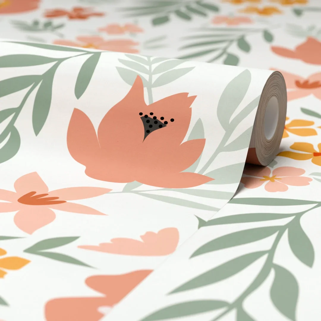 Wild Flowers Wallpaper Peach and Green - Image 4