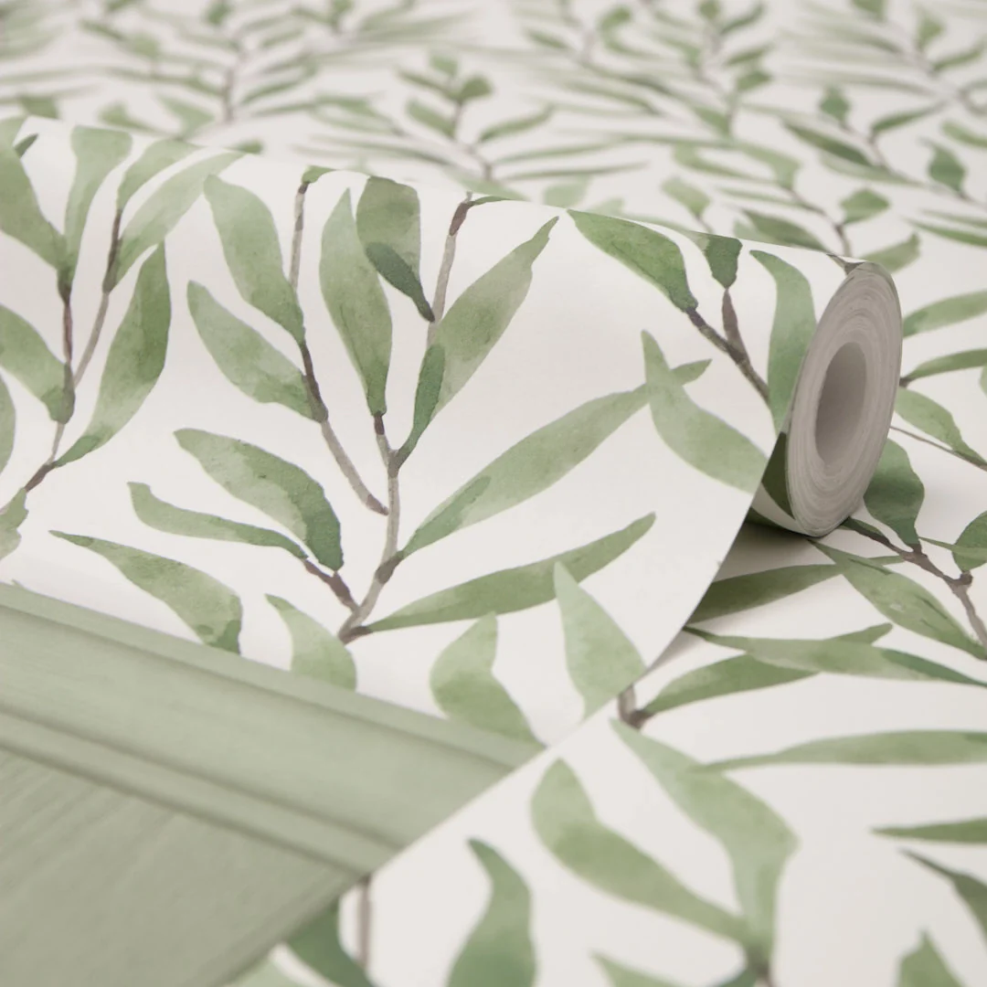 Willow Leaf Panel Wallpaper in Green with Green Panel - Image 2
