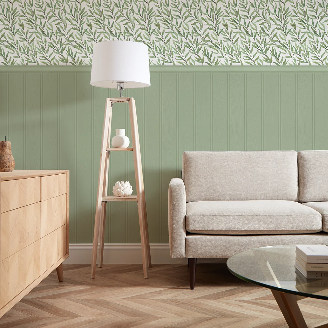Willow Leaf Panel Wallpaper in Green with Green Panel - Image 3