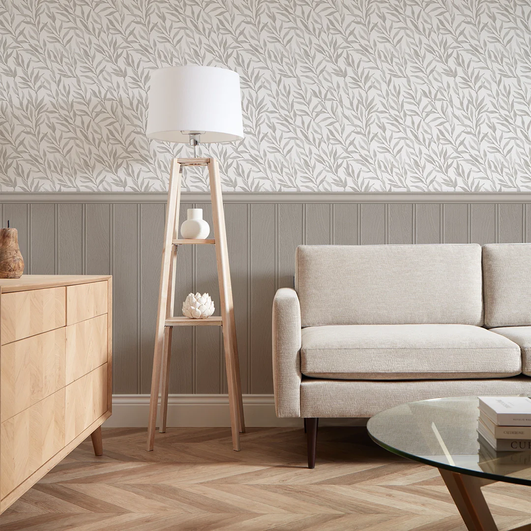 Willow Leaf Panel Wallpaper in Grey with Grey Panel