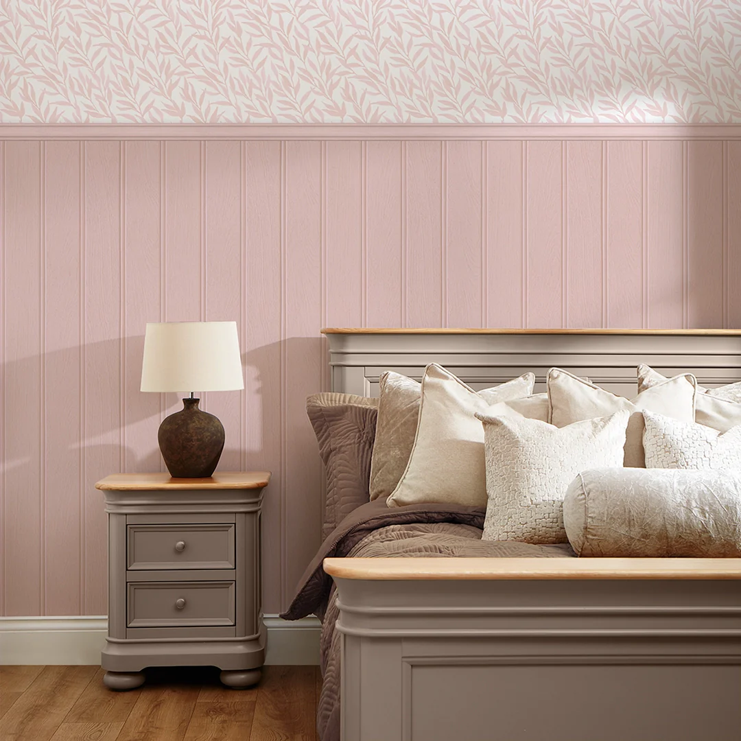 Willow Leaf Panel Wallpaper in Pink with Pink Panel - Image 3