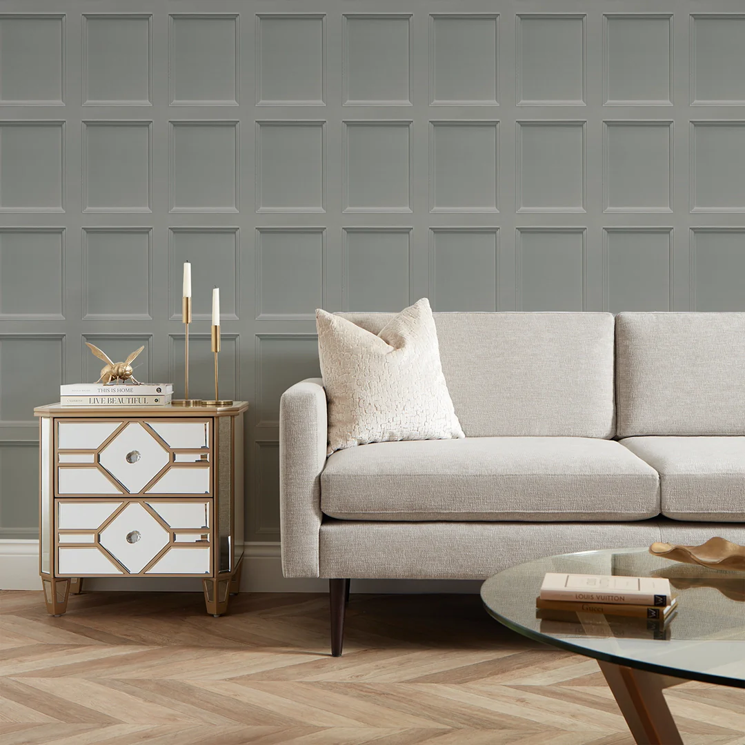 Classic Wood Panel Wallpaper in Soft Grey - Image 3