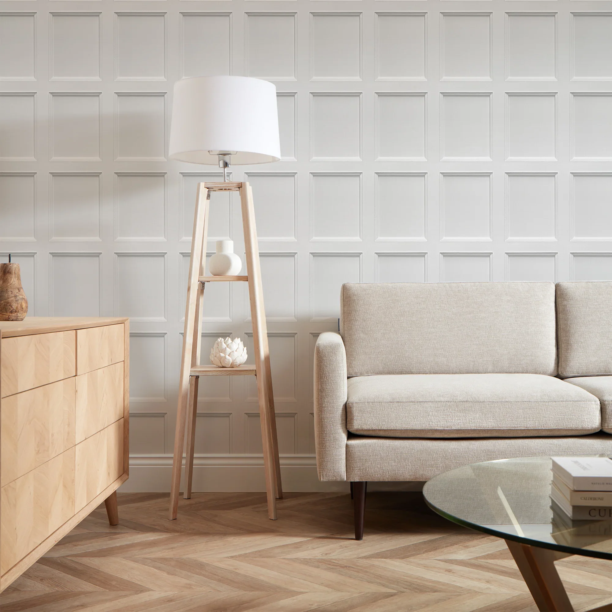 Classic Wood Panel Wallpaper in Dove White - Image 3