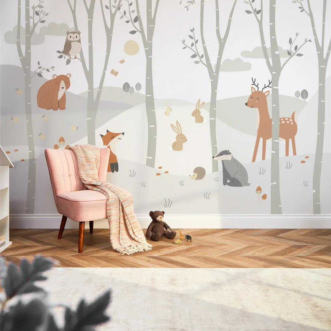 Woodland Animal Full Wall Mural in Grey