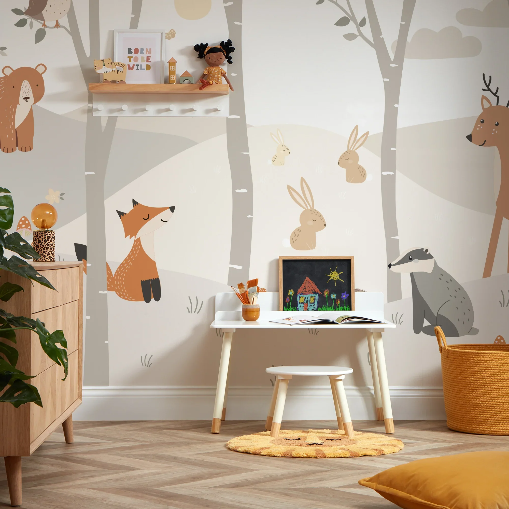 Woodland Animal Full Wall Mural in Grey - Image 2