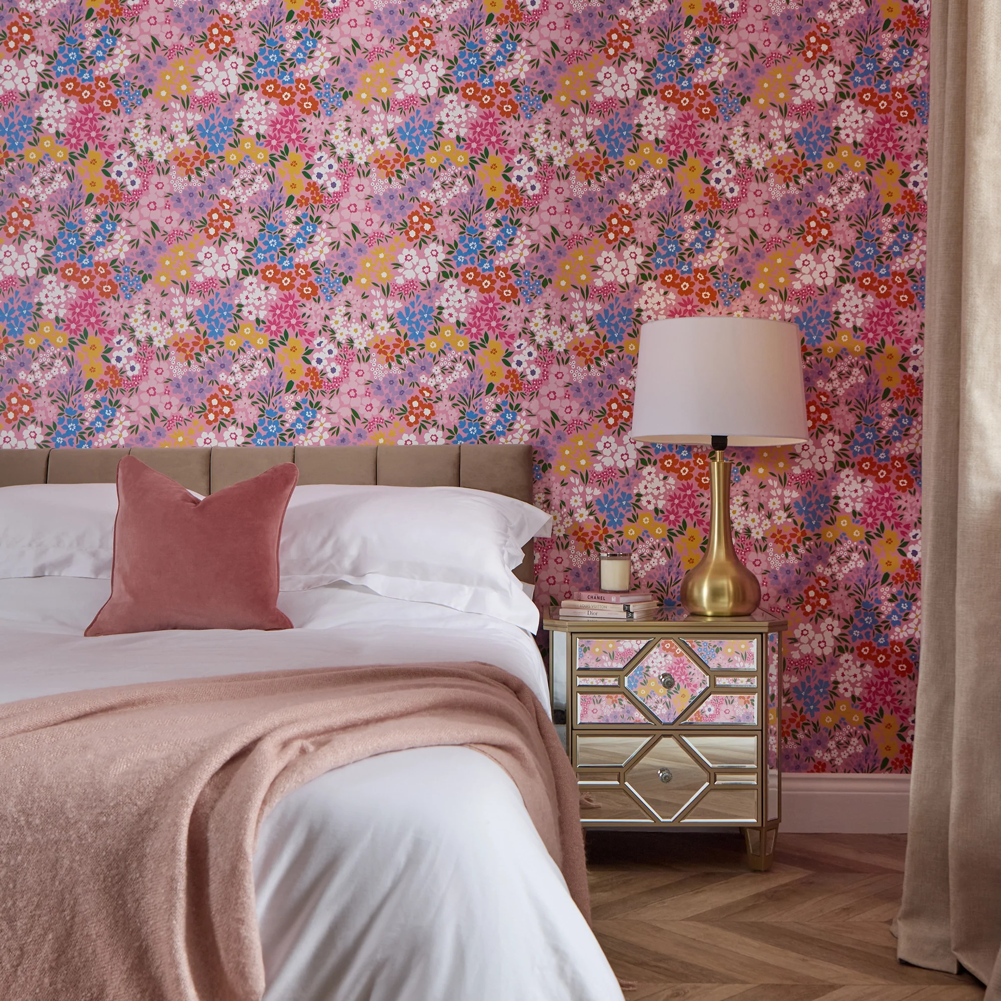 Woodland Meadow Wallpaper in Brights on Pink - Image 2