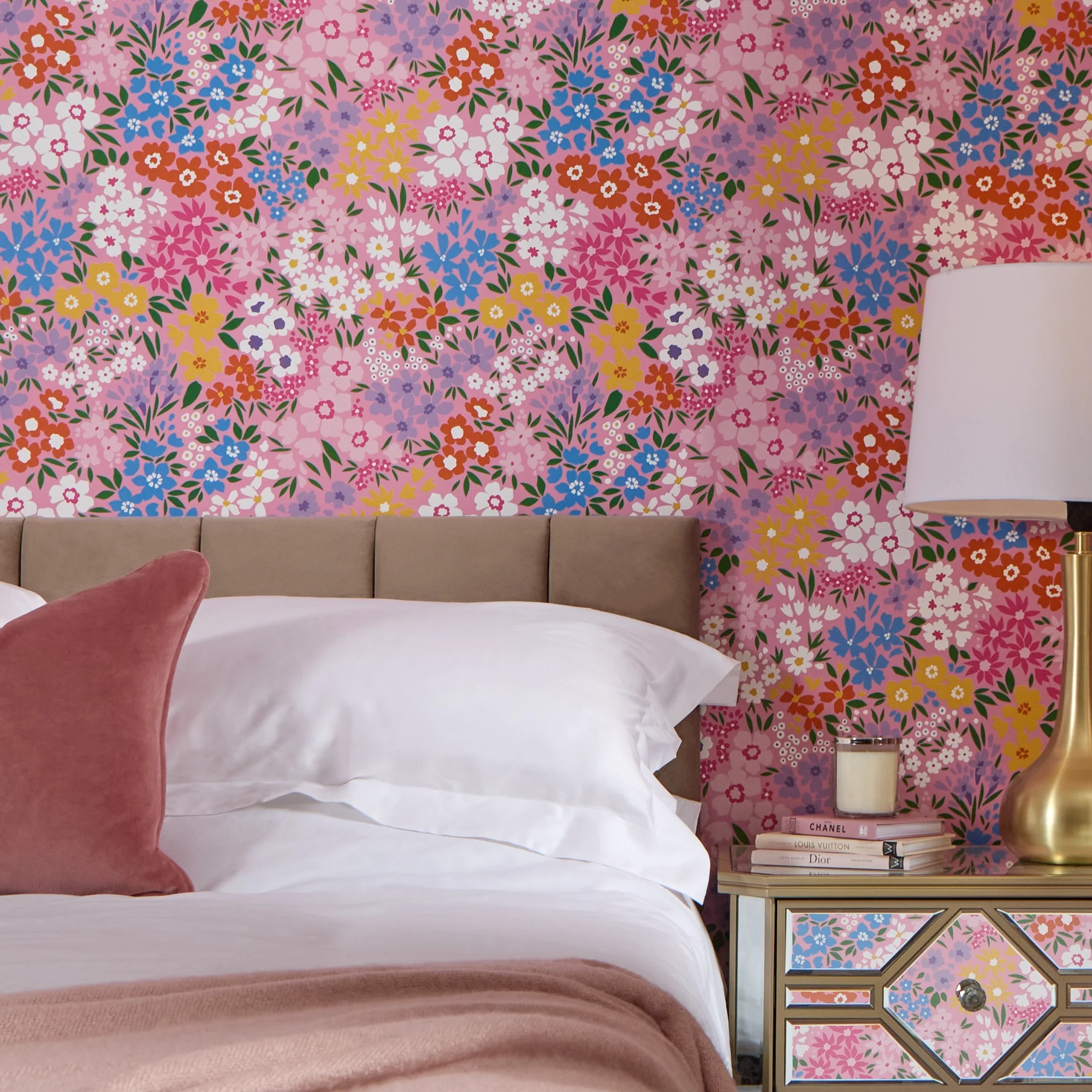 Woodland Meadow Wallpaper in Brights on Pink - Image 3