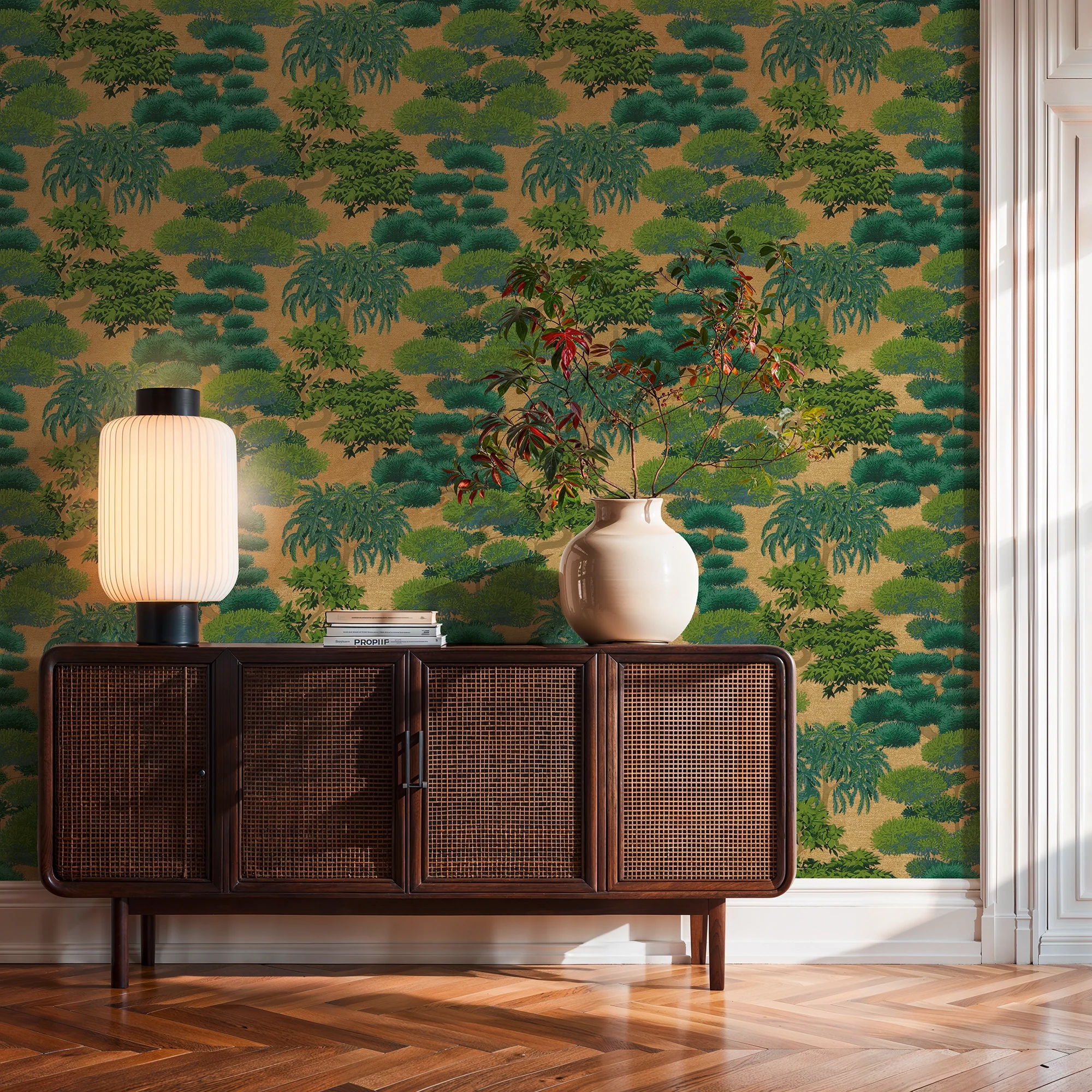 Woodland Wonder Wallpaper in Greens and Teal on Gold - Image 2