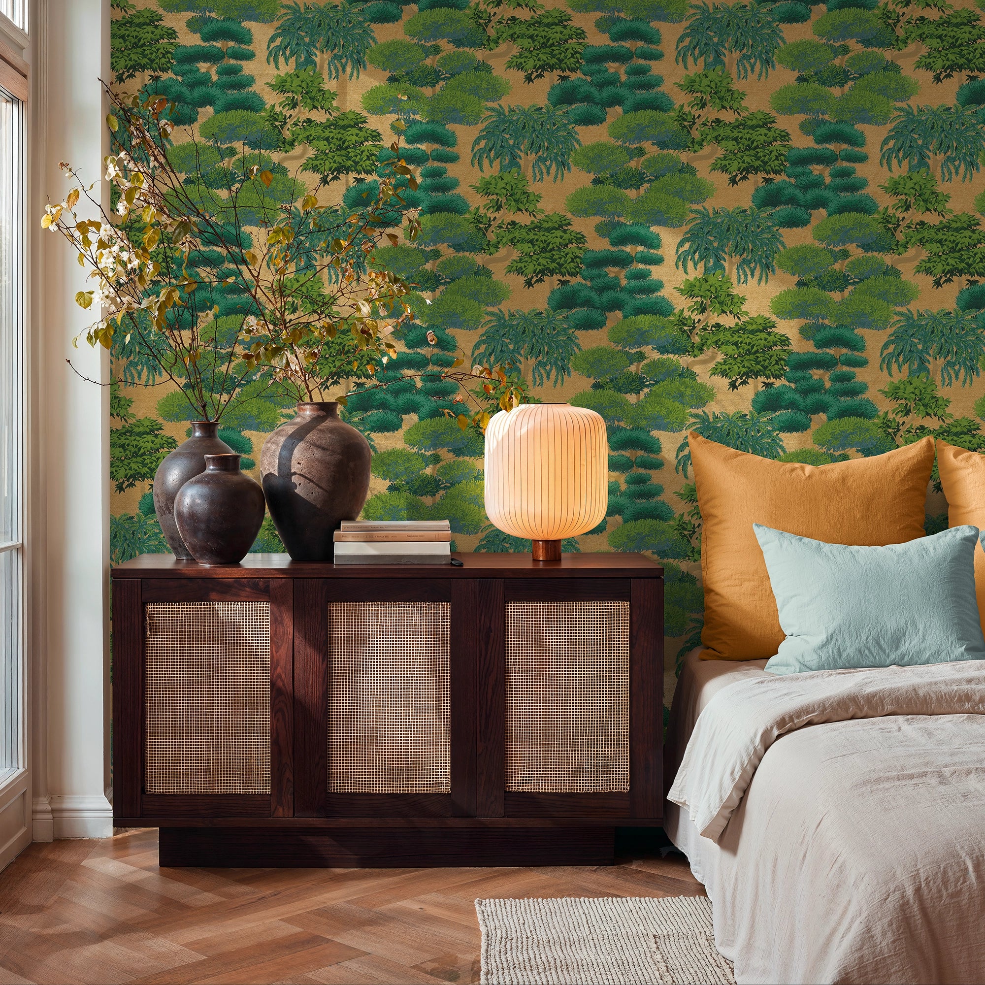 Woodland Wonder Wallpaper in Greens and Teal on Gold - Image 3