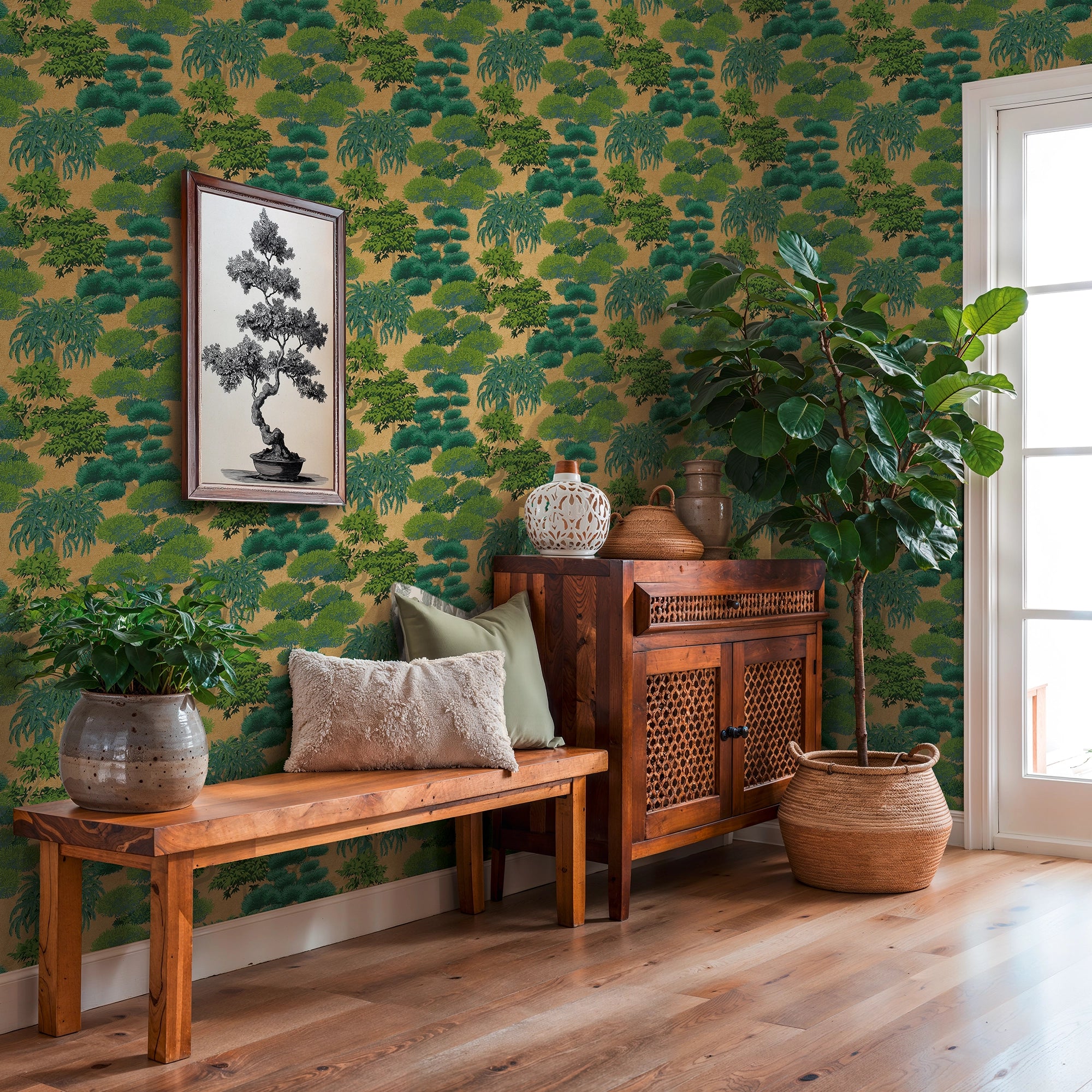 Woodland Wonder Wallpaper in Greens and Teal on Gold - Image 4